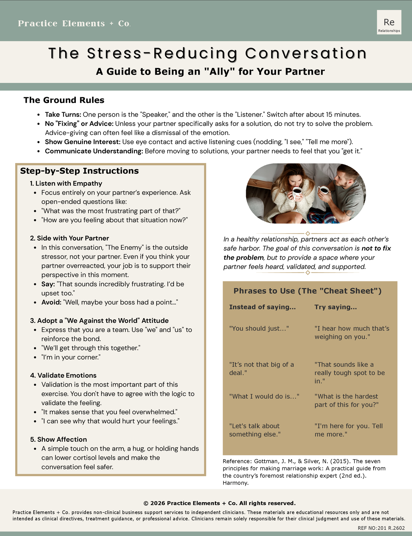 An informational brochure titled "The Stress-Reducing Conversation: A Guide to Being an 'Ally' for Your Partner." It includes ground rules, step-by-step instructions, a quote about healthy relationships, cheat sheet phrases, and references, with a photo of a man and woman holding coffee mugs and sitting on a couch.