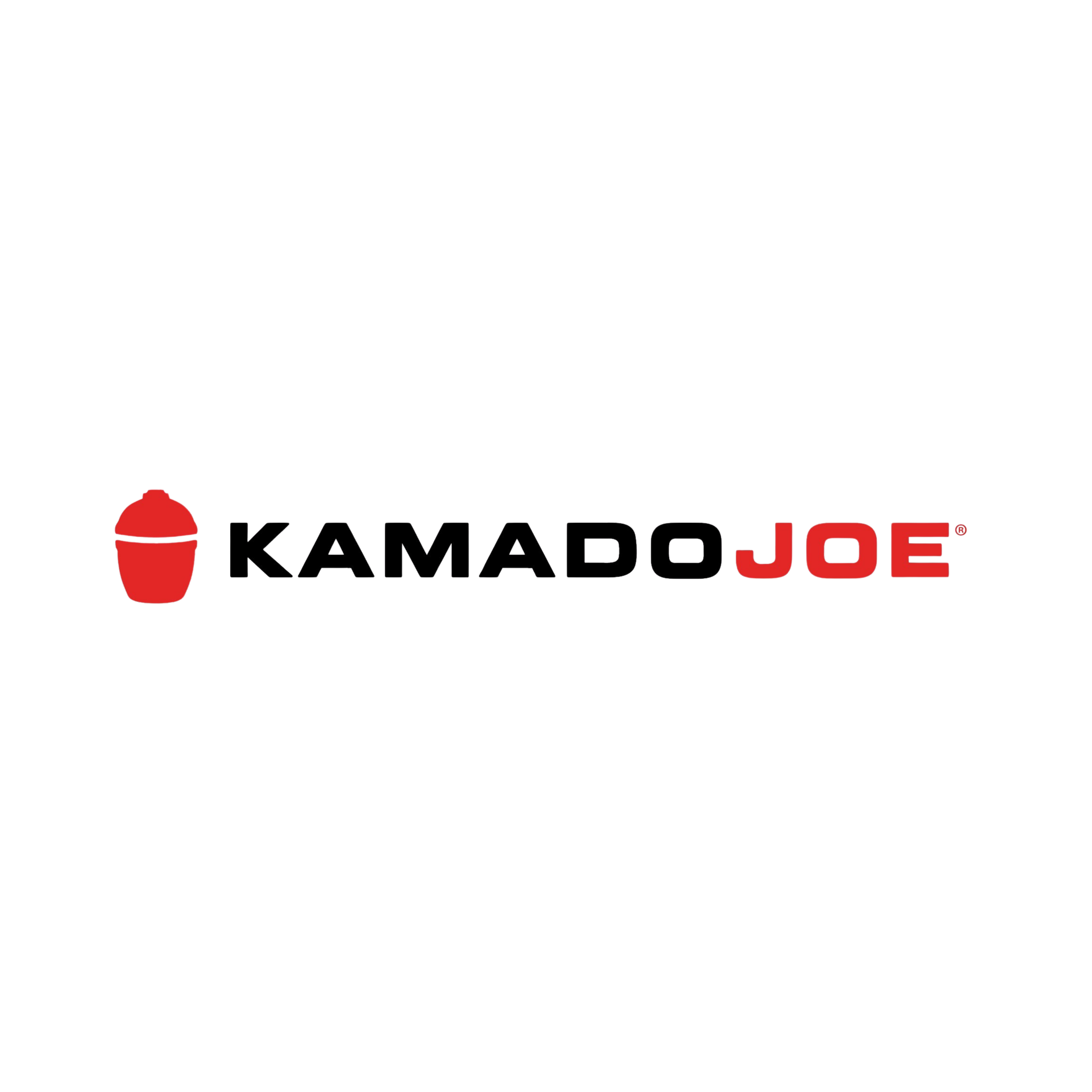 Kamado Joe brand logo with black and red capitalised font and red bbq logo image