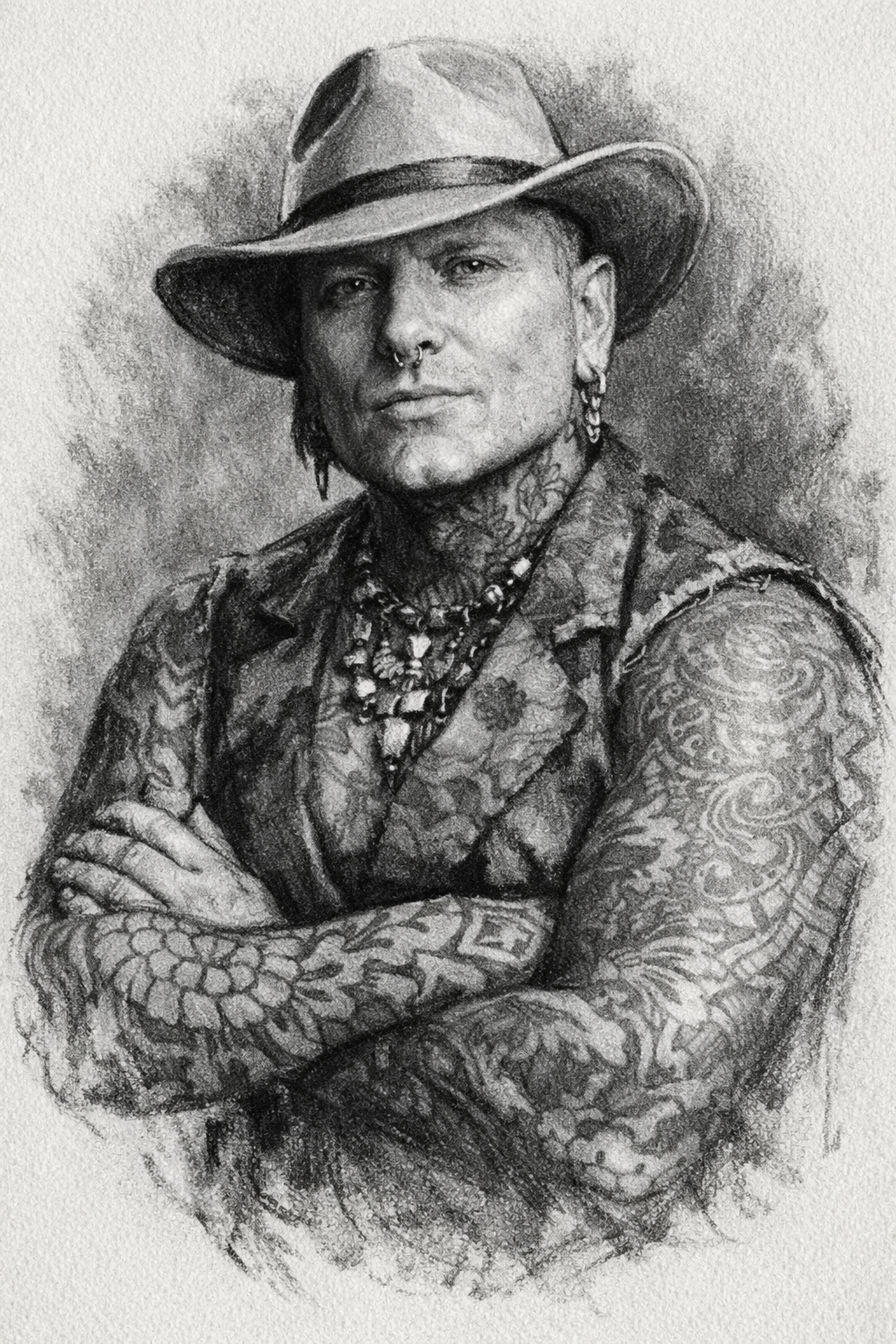 Retrato a lápiz de un hombre con sombrero y brazos tatuados
