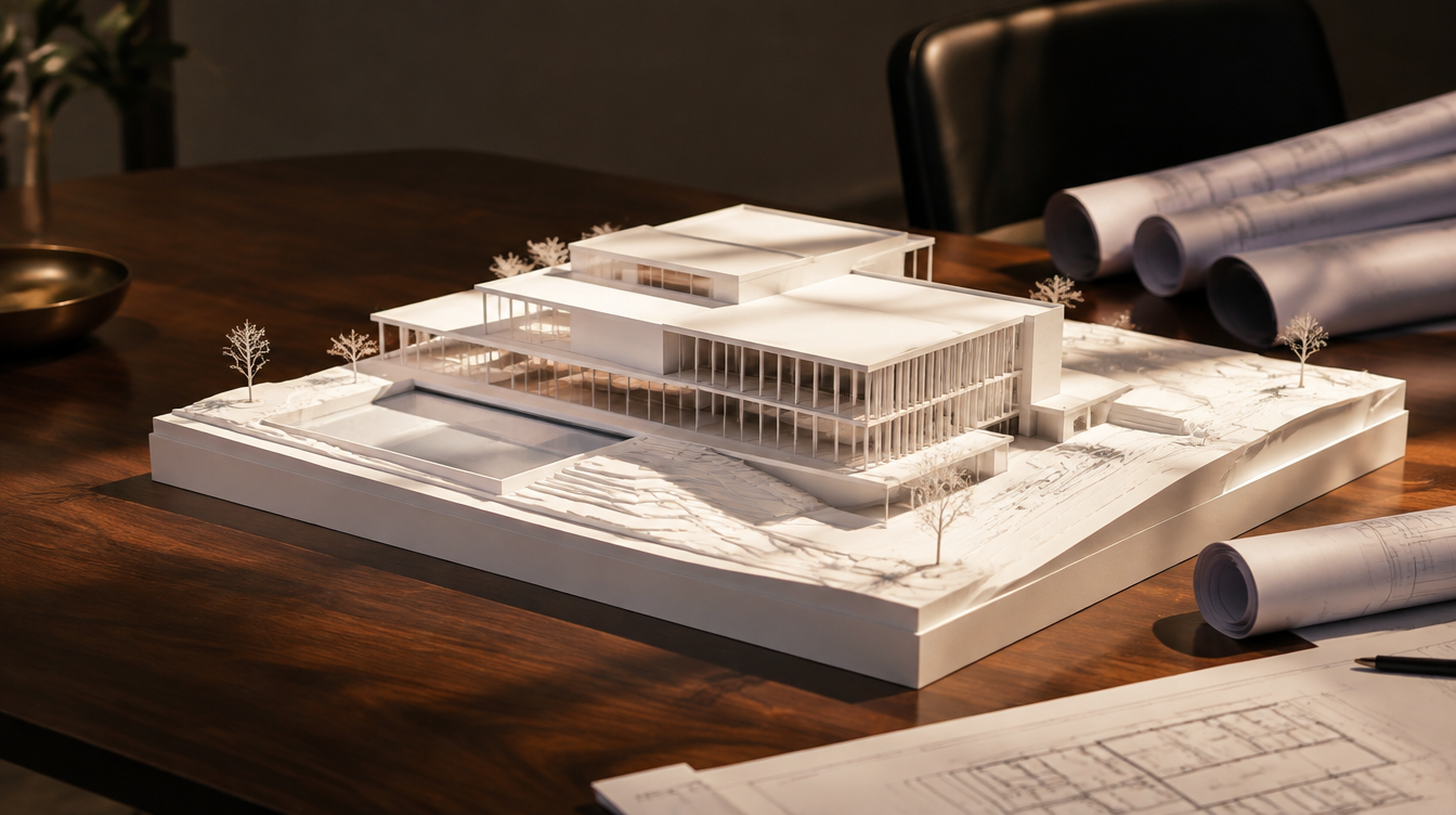 Maqueta blanca de un edificio sobre una mesa con planos