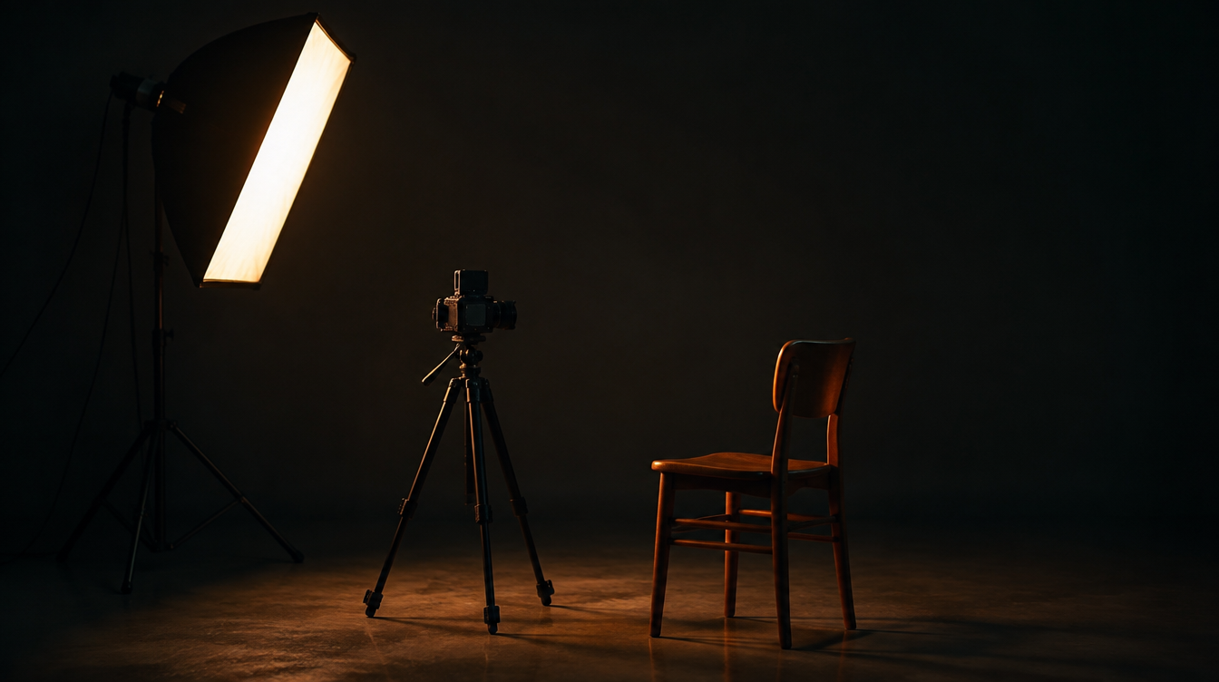 Set de retrato con luz de estudio y una silla de madera