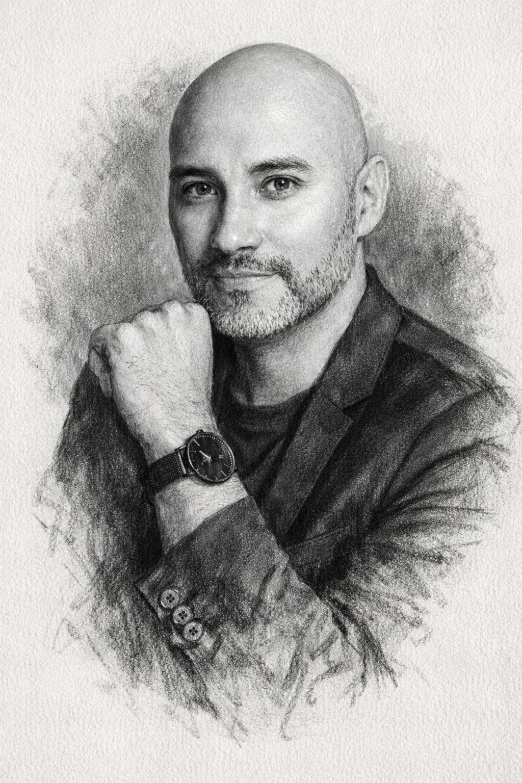 Retrato a lápiz de un hombre calvo con barba y reloj