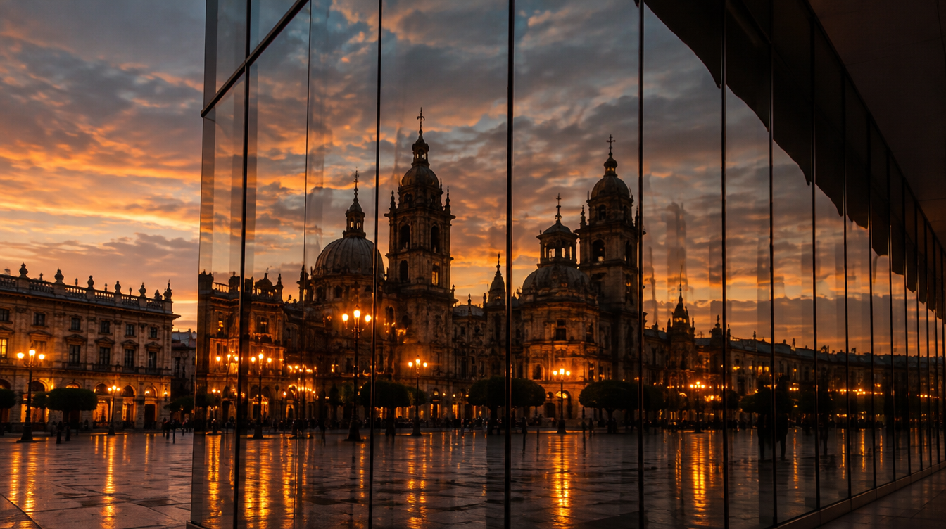 Fachada de cristal que refleja una catedral al atardecer