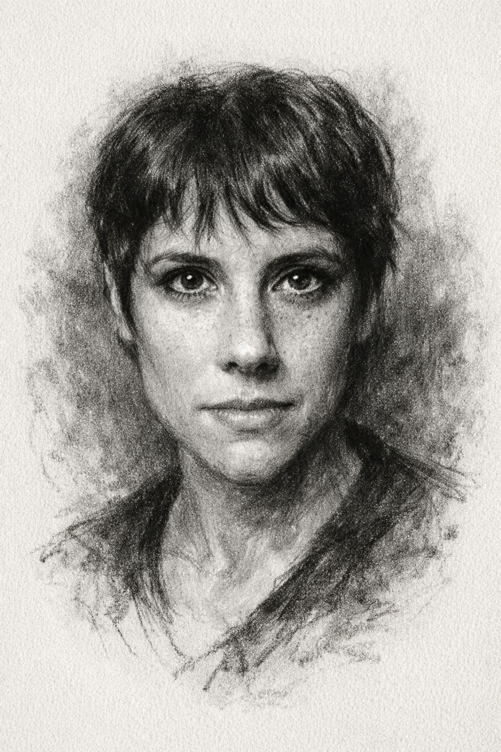 Retrato a lápiz de una mujer de cabello corto