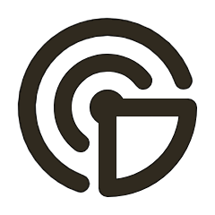 Black background with a gold logo featuring a stylized 'G' and circular design elements.