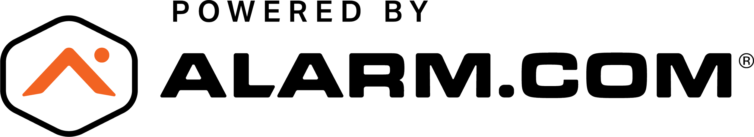 Logo for Alarm.com with the text 'Powered by Alarm.com' and a stylized orange and black shield icon.