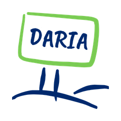 line drawing of a yard sign with "Daria" in navy, framed in green.