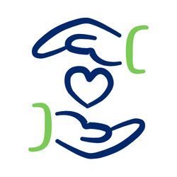 line drawing of two cupped hands cradling a navy outline of a heart. Hands in navy, sleeve edges green.