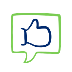 navy line drawing of a hand with thumbs up, surrounded by green outline of a quote box