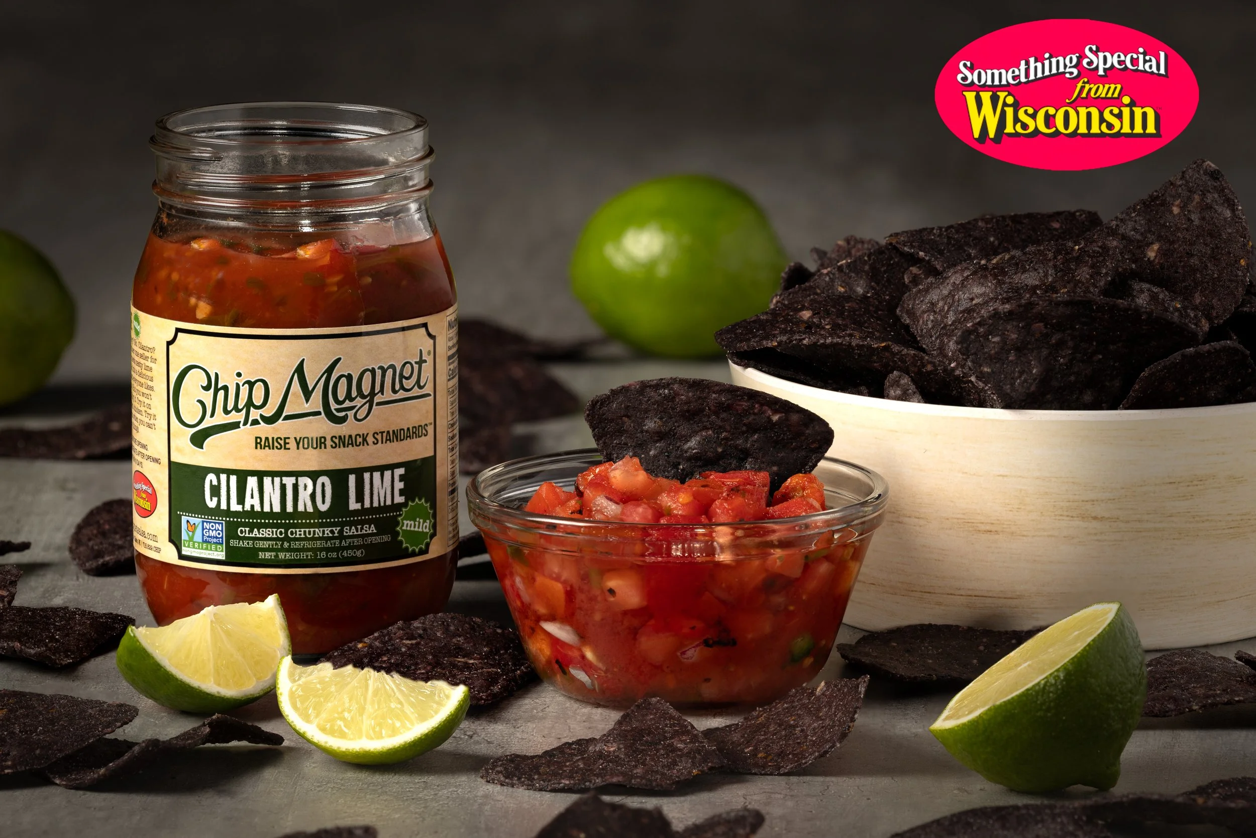 Food product lifestyle photo of chips and salsa locally made Wisconsin product