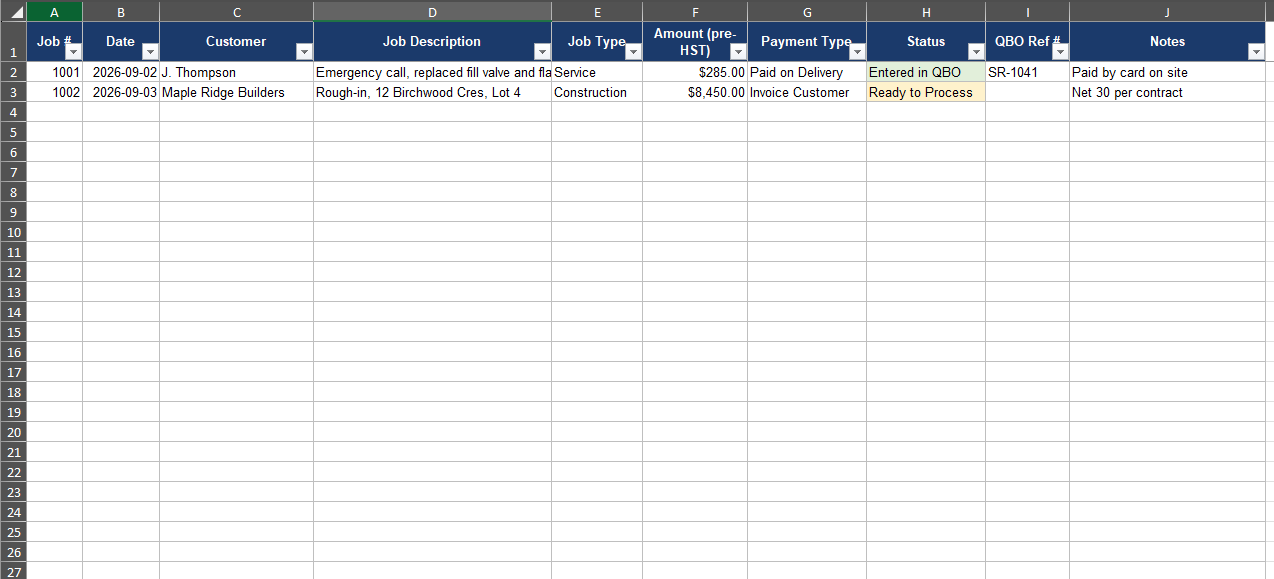 Image displaying the examples of fields you could have in a master job list