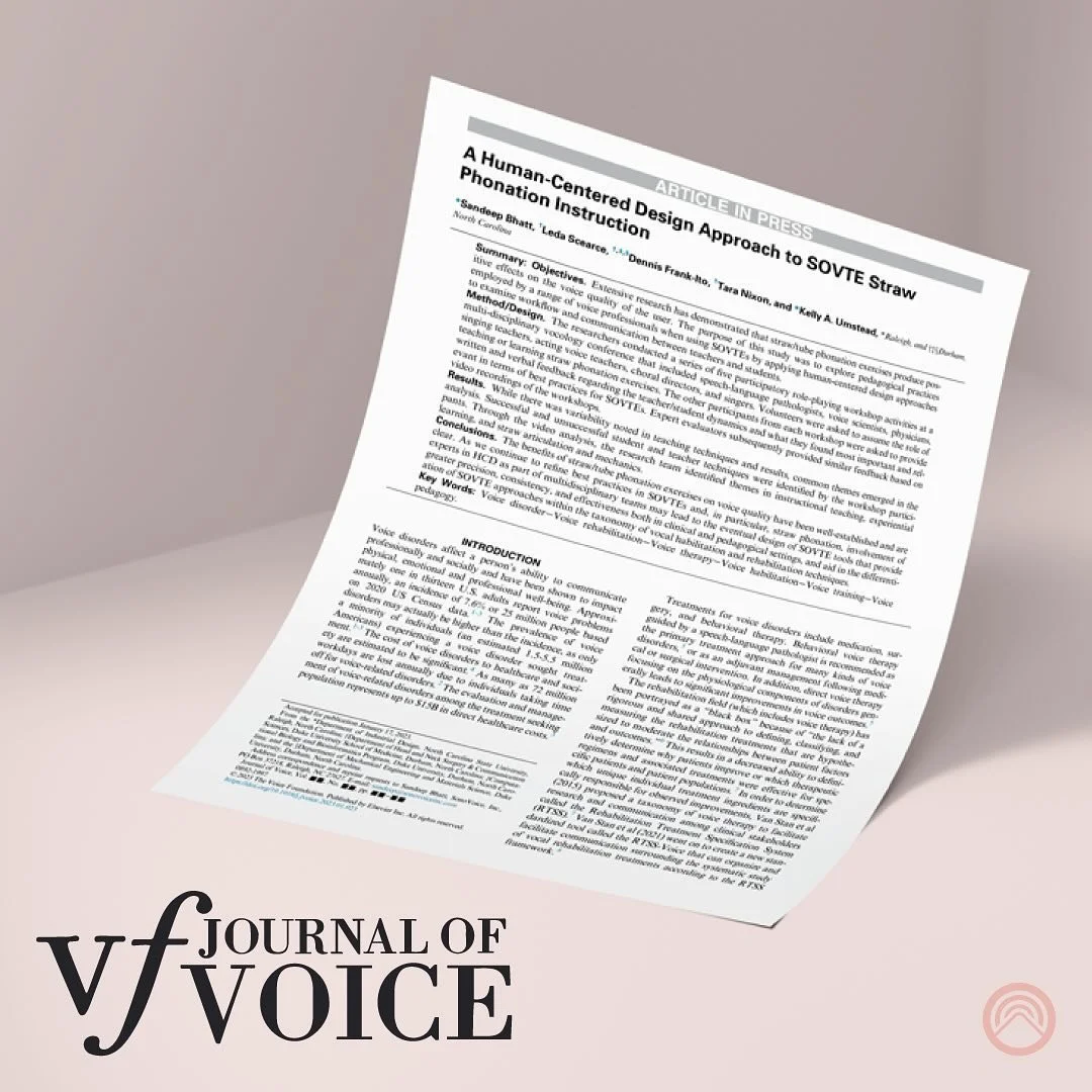 Check out our article, published in the Journal of Voice, &ldquo;A Human-Centered Design Approach to SOVTE Straw Phonation Instruction&rdquo; &mdash; a collaboration between Sandeep Bhatt, Leda Scearce, Dennis Frank-Ito, Tara Nixon, and Kelly A. Umst