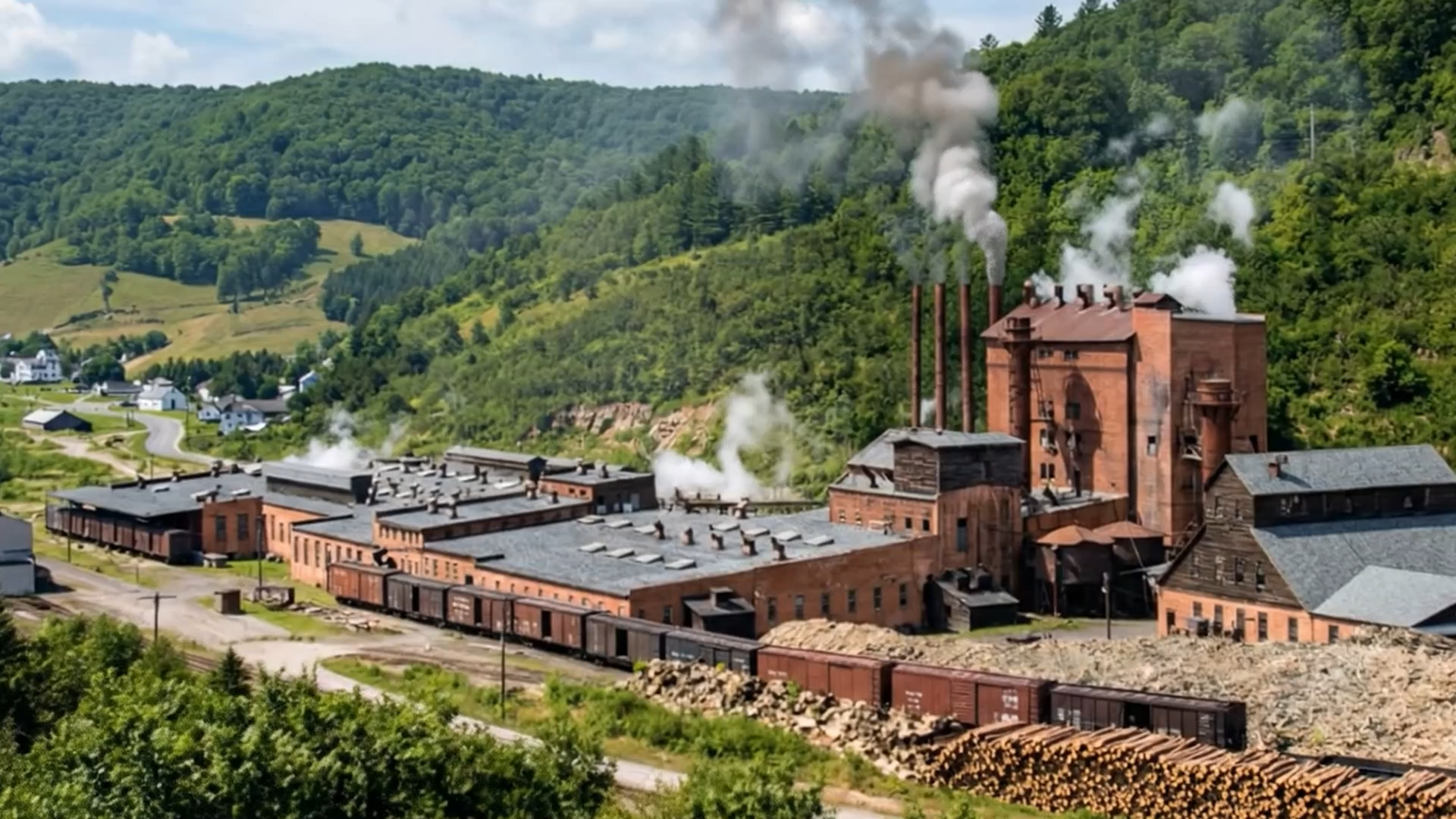 An old industrial factory building with smoke rising from chimneys, surrounded by green hills and a small village, during daytime.