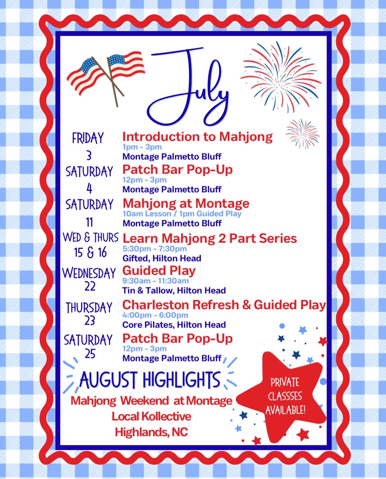 🇺🇸 JULY 🇺🇸

Summer is here and Mahjong is hot!

Learn to play, sharpen your skills, book a private lesson, or come join us at a guided play.

Take a break from the heat and come make some new friends! We&rsquo;ve got all the Mahjong you could ask