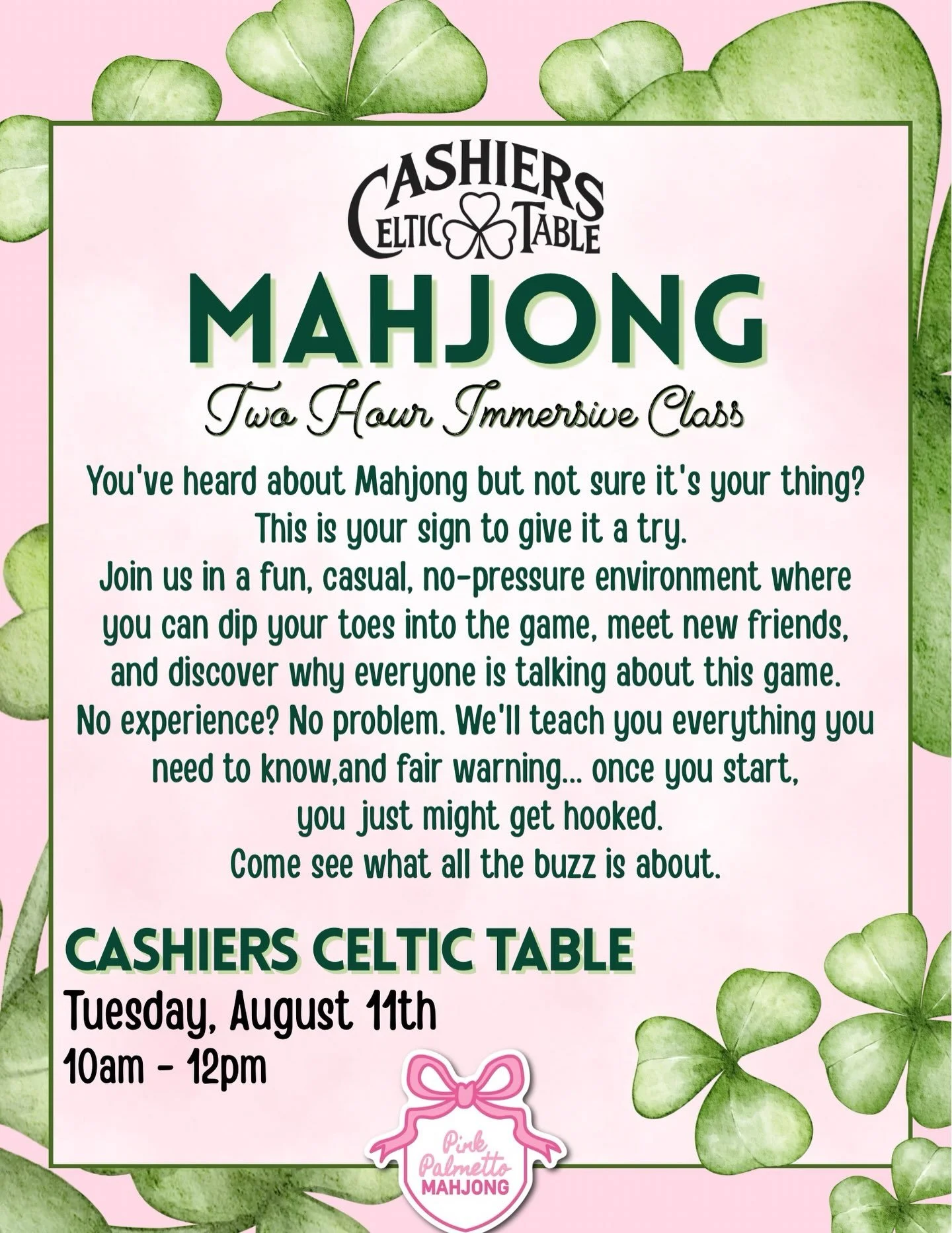 Think you may want to try Mahjong? 🀄️ 

Are you in the Cashiers / Highlands NC area?
Heard about the game, but not sure it&rsquo;s for you?

Come check it out @cashiers.celtic.table 
This class is designed to give you a small taste of the game that 