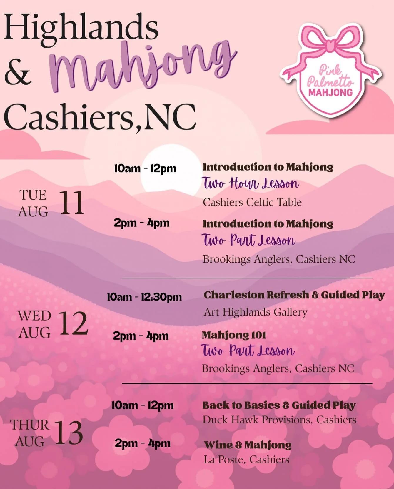 Pink Palmetto Mahjong is packing up the tiles and heading to the mountains! 

Highland&hellip; Cashiers&hellip; Here we come! 

We&rsquo;ve heard the mountain air is pretty magical but wait until you add Mahjong!
Come see what all the Lowcountry chat