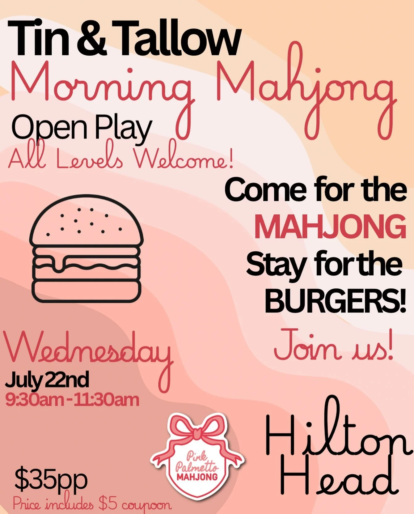 OPEN PLAY MAHJONG
All levels welcome!!

And don&rsquo;t get me started again on the burgers, only the best in town!!!

Come meet new people, play some Mahjong and stay for lunch.

Price includes a $5 coupon to the burger of your dreams 🍔😍

Link in 