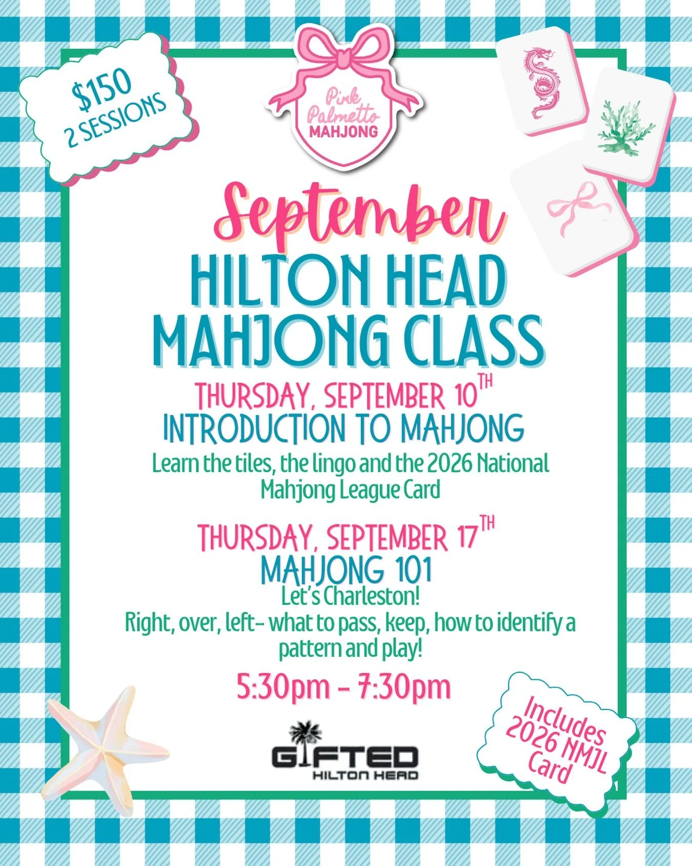 Hilton Head Mahjong 🌴🀄️

We&rsquo;re back at the mahjong mecca @giftedhh 

Join us for this highly popular two part lesson at the Island&rsquo;s mahjong headquarters. Learn the game in two classes designed at a pace making it easy to learn.

Laugh,