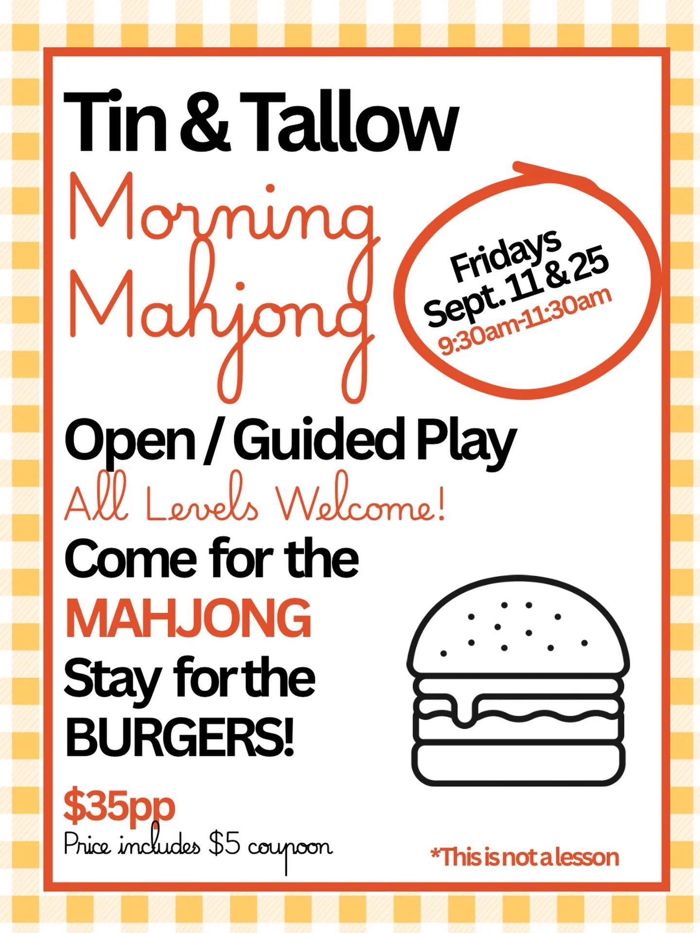 Morning Mahjong is back! 🍔🀄️☀️

Come play us where the best burgers the Lowcountry are made @tinandtallow 

Schedules are back in place, summer is almost over and it&rsquo;s time to reconnect with our Mahjong peeps. 

You&rsquo;ve taken a few lesso