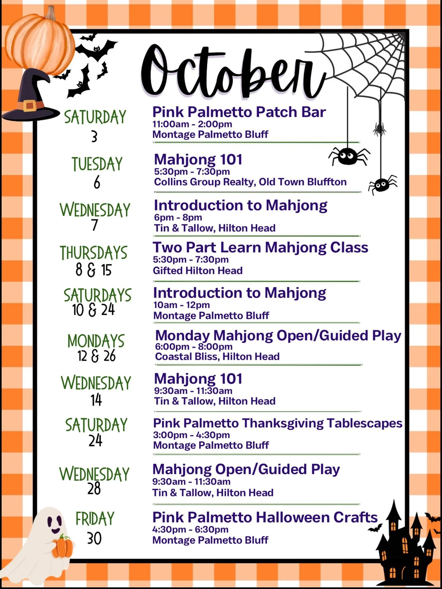 OCTOBER 🍂🍁🎃

The Calendar is filling up with all the things we love &ndash; creativity, connection, and a whole lot of fun.

🀄️ Mahjong.
🎀 Patch Bar
👻 Halloween crafts.
🦃 NEW! Thanksgiving tablescapes

A little Fall, a little festive, a little