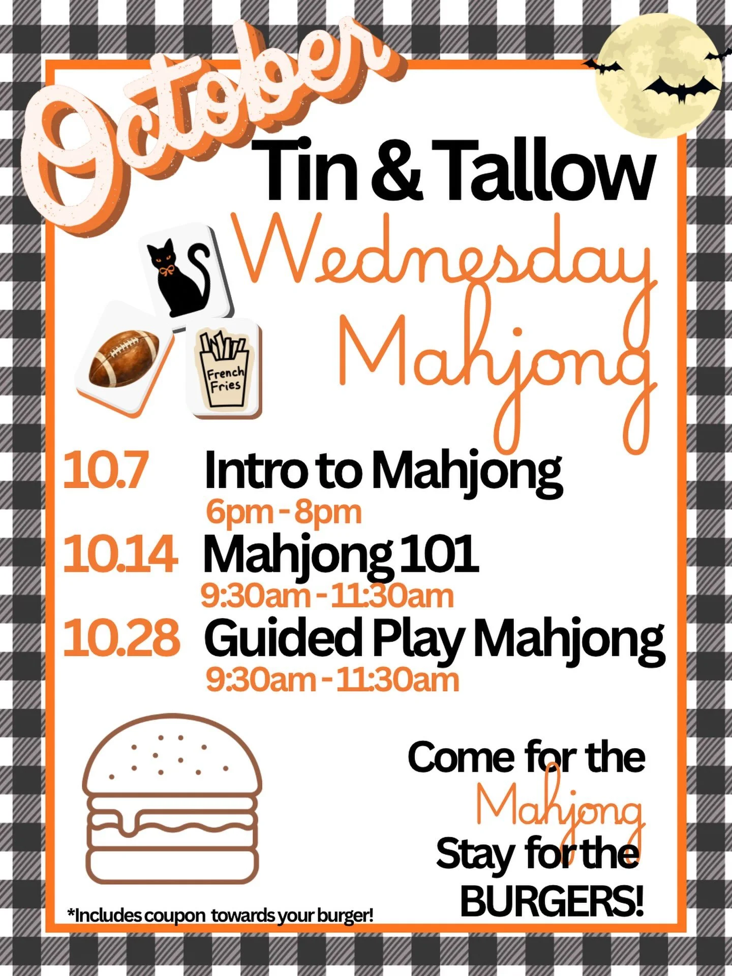 Just like the burger of the week @tinandtallow, we&rsquo;re cooking up Mahjong of the week 🍔🀄️

From an Intro Class, 101 and Guided Play, we&rsquo;ve got a little something for everyone!

Come learn and play Mahjong with Pink Palmetto Mahjong and t