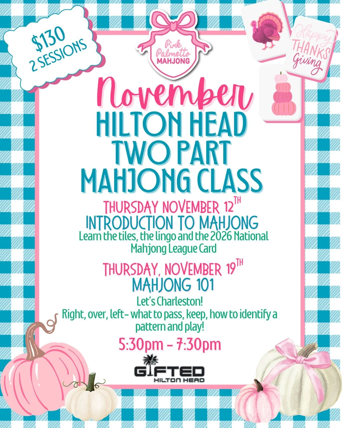 Learn Mahjong just in time for all your Thanksgiving gatherings! 🍂🦃🍽️

These classes are split into two manageable and digestible parts making it much easier to learn, we promise!

Come play with us in the Hilton Head Mecca of all things mahjong @