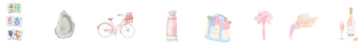 Collection of pink, white, and beige feminine items including a heart-shaped box, a stone, a trinket container, a lipstick, a perfume bottle, a gift bag, a yellow note, a pink feather, a white shoe, and a lipstick