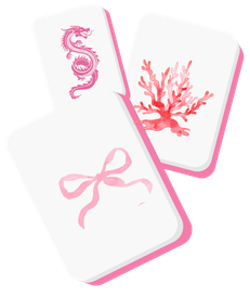 Three white mahjong tiles with pink designs, including a pink sea serpent, pink coral, and a pink bow.