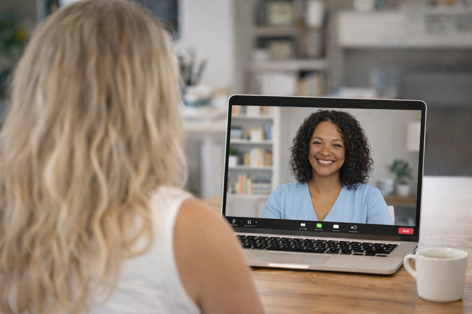 Woman with blonde hair participating in a video call on her laptop, smiling at the screen with a woman with curly hair and a blue top, in a cozy, well-lit room with shelves and decor in the background.