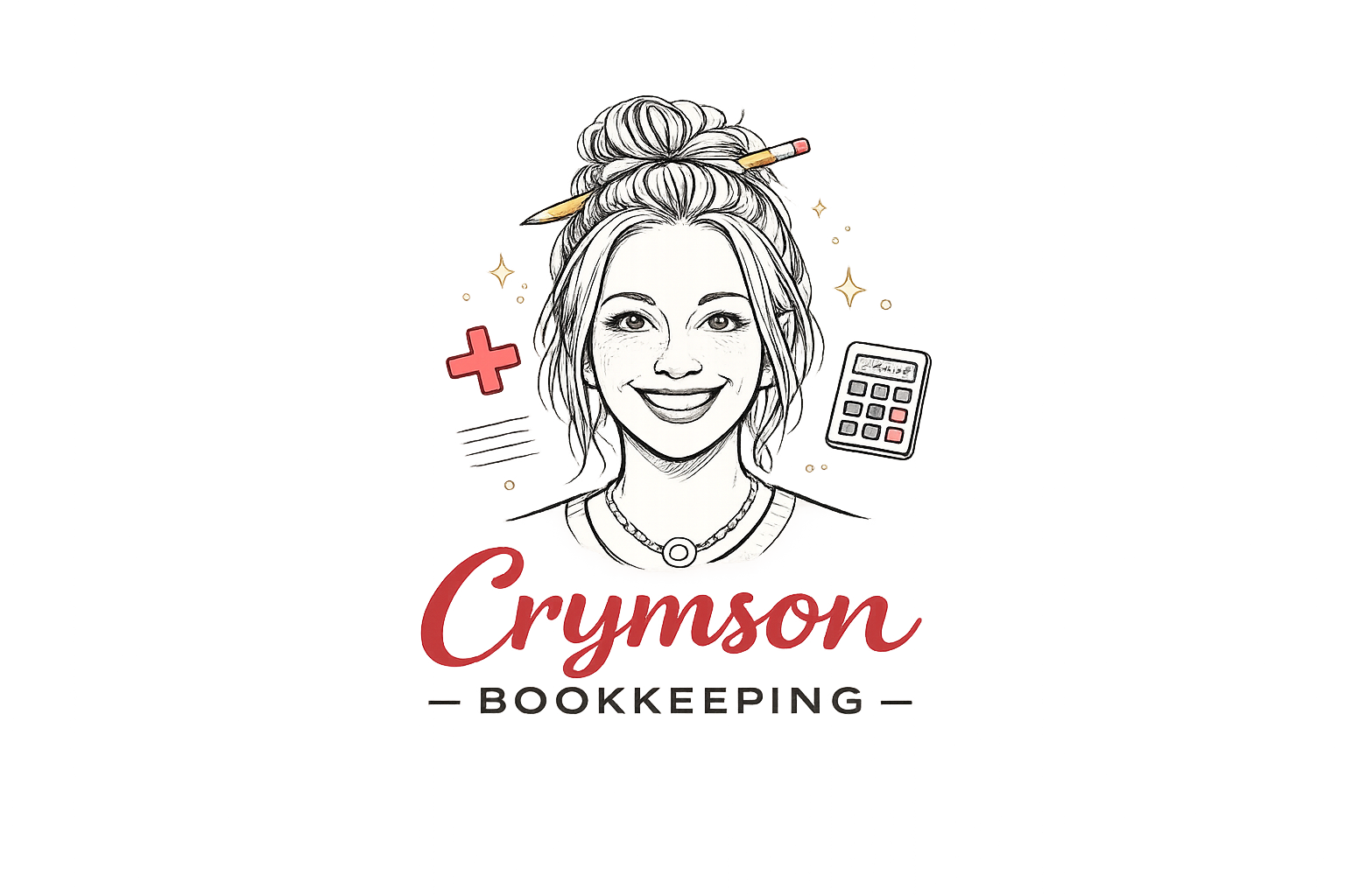 Illustration of a smiling woman with curly hair styled in a bun, holding a pencil in her hair. Behind her are a red medical cross symbol, a calculator, and the text 'Crymson Bookkeeping'. The background has digital and neon light elements in blue and purple hues.