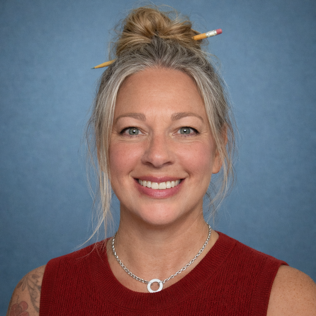 A woman with gray hair styled in a bun with a pencil and paintbrush tucked in it, smiling at the camera, wearing a red sleeveless top and a silver chain necklace, against a blue background.