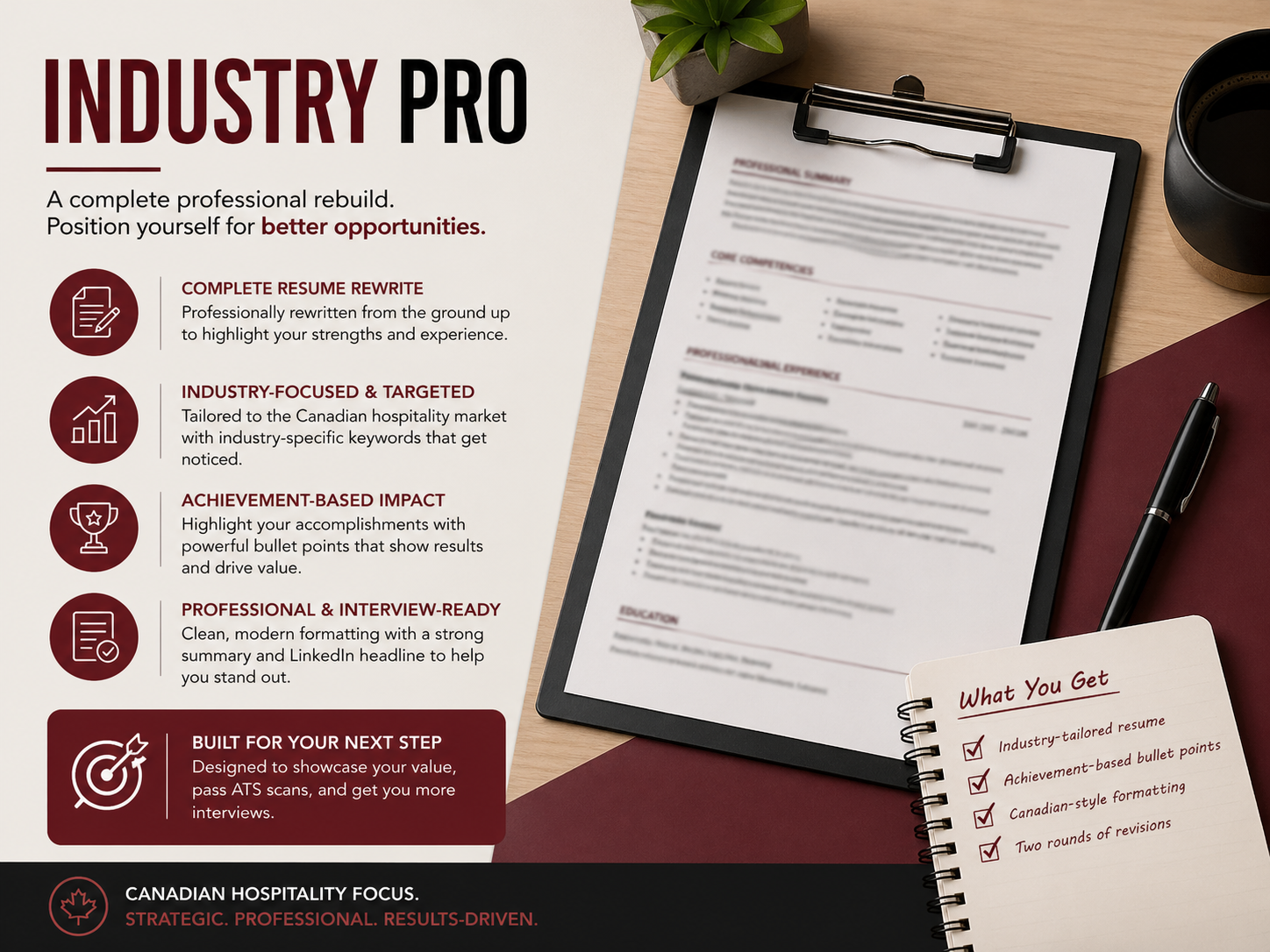 Professional hospitality resume writing service in Canada featuring a full ATS-optimized resume rewrite with industry keywords, achievement-based content, and interview-ready formatting.