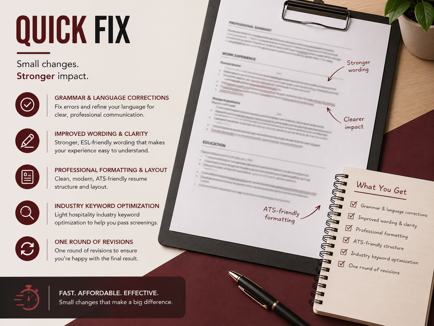 Quick Fix resume service for hospitality jobs in Canada showing ATS-friendly resume improvements including grammar corrections, formatting, and keyword optimization for entry-level applicants.