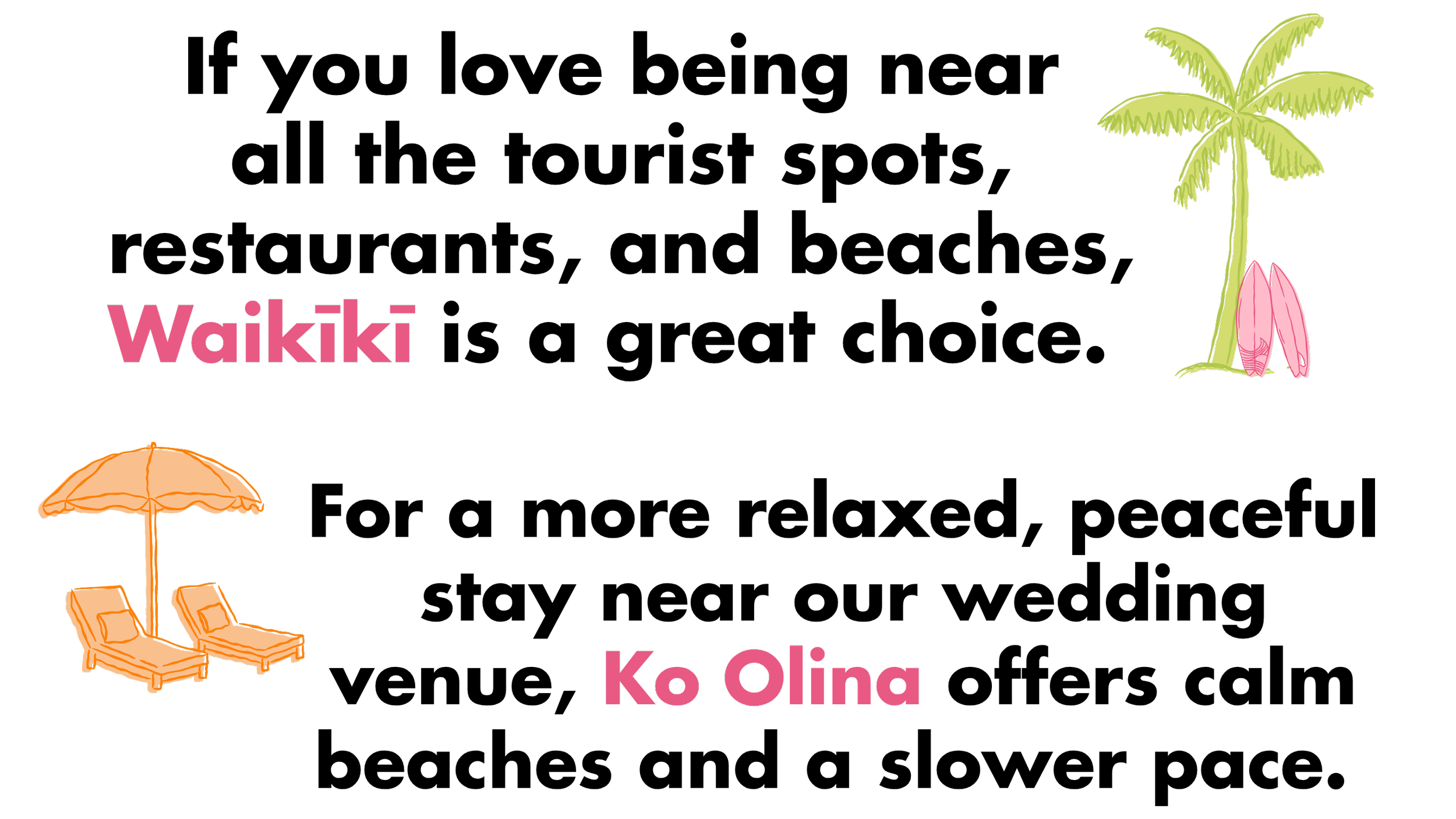 Beach scene with two lounge chairs under an orange umbrella, pink flamingos near a palm tree, and the words 'Waikiki' and 'Ko Olina' in bright pink font.