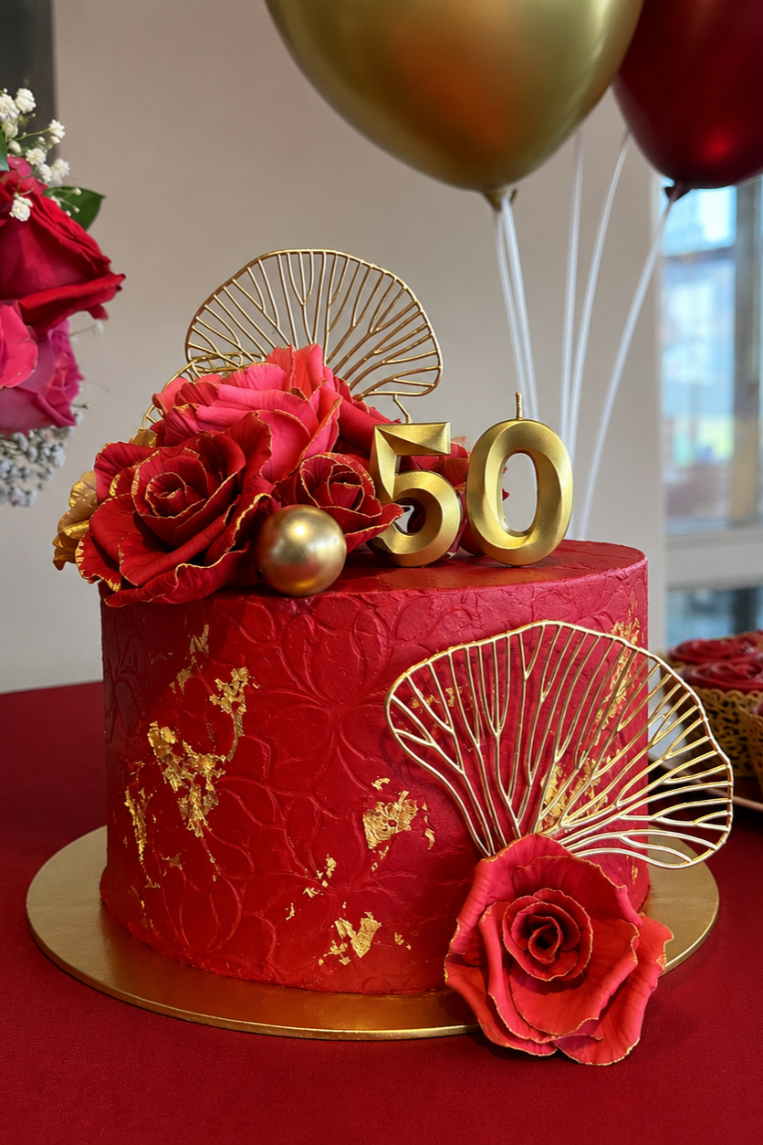A red cake decorated with golden accents, pink and red flowers, the number 50 in gold, and gold fan-shaped embellishments.