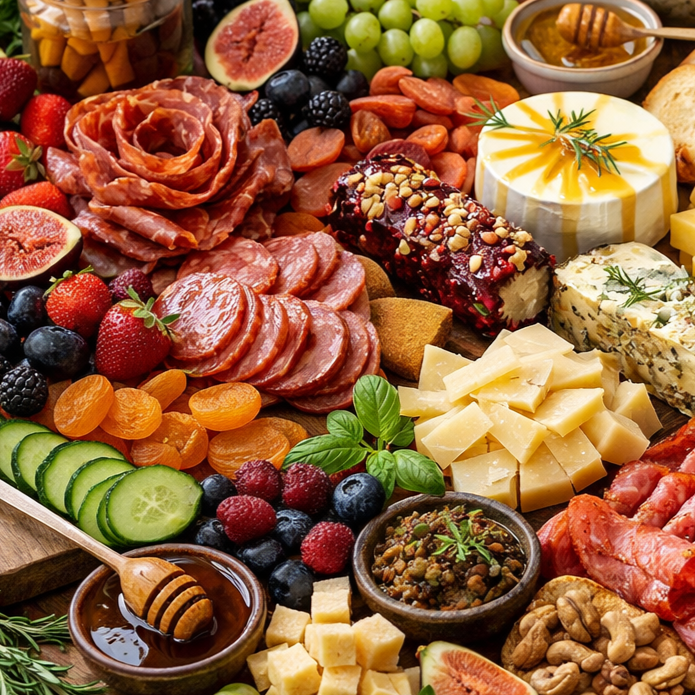 A lavish dessert table with cakes, cookies, macarons, fruits, and chocolates, decorated with candles and flowers - Graze & Glaze’d Calgary