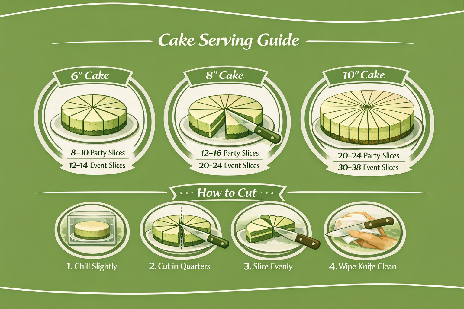 Green cake serving guide showing different cake sizes, cutting instructions, and serving suggestions with illustrations of cake slices and steps for slicing.