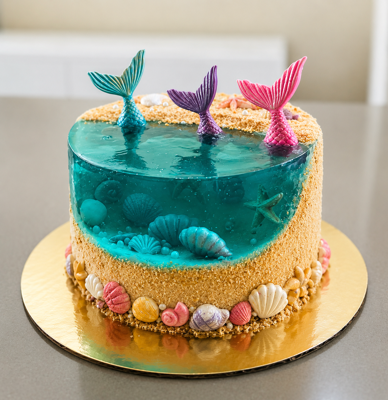 A whimsical mermaid-inspired ocean cake featuring a glossy blue gelatin sea filled with edible seashell details and topped with colorful mermaid tails. Finished with sandy beach textures, pastel shell accents, and shimmering underwater elements, this