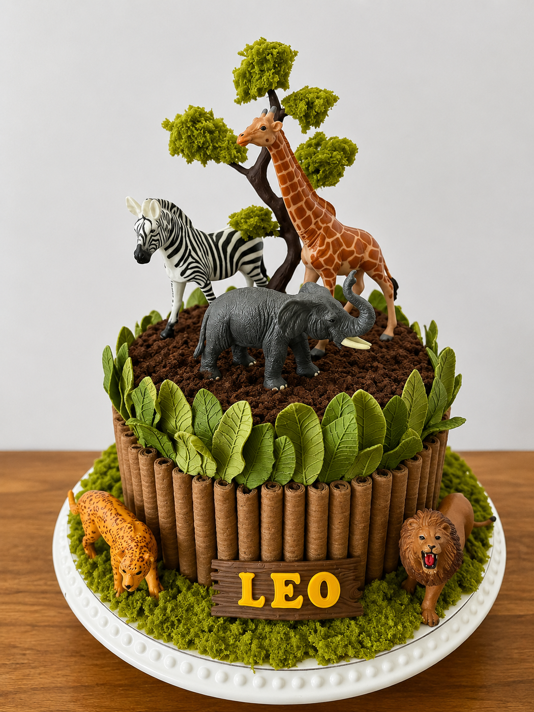 A fun and adventurous safari-themed birthday cake featuring a jungle-inspired design with edible greenery, wafer stick fencing, and realistic safari animals including a giraffe, zebra, elephant, lion, and leopard. Finished with textured “dirt” crumbl