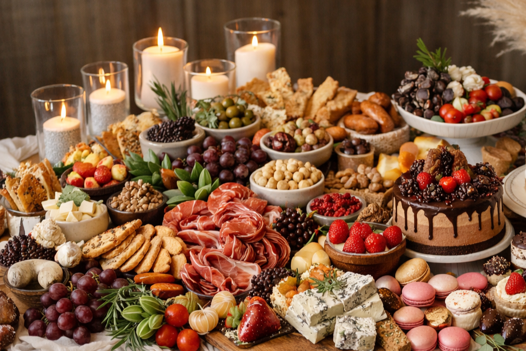 A savoury and dessert grazing table in Calgary by Graze & Glaze’d