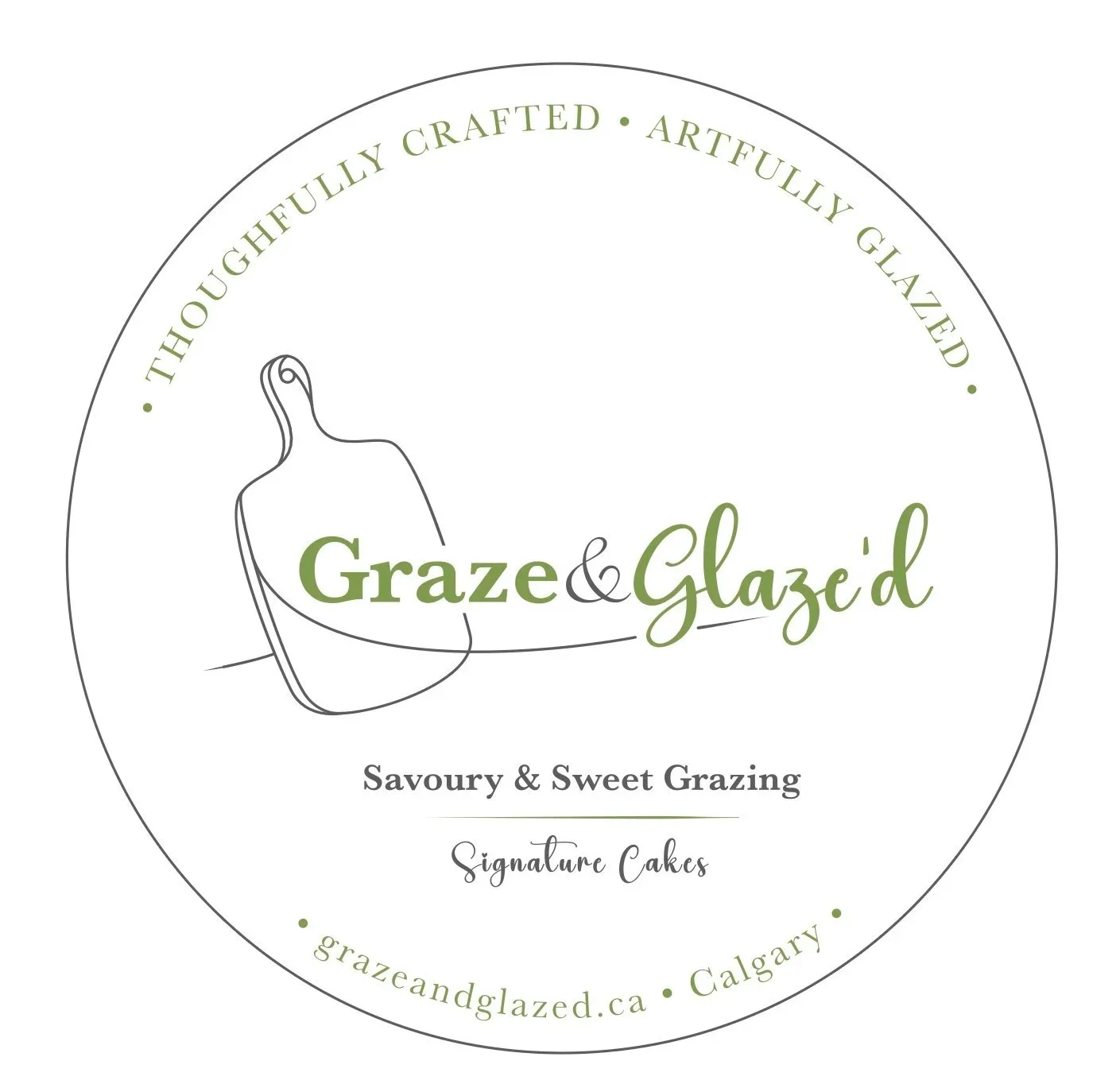 A circular logo for Graze & Glazed bakery, featuring a minimalist line drawing of a cake among text that states 'Thoughtfully Crafted, Artfully Glazed' and 'Savoury & Sweet Grazing Signature Cakes'. The website 'grazeandglazed.ca' and location 'Calgary' are also included.