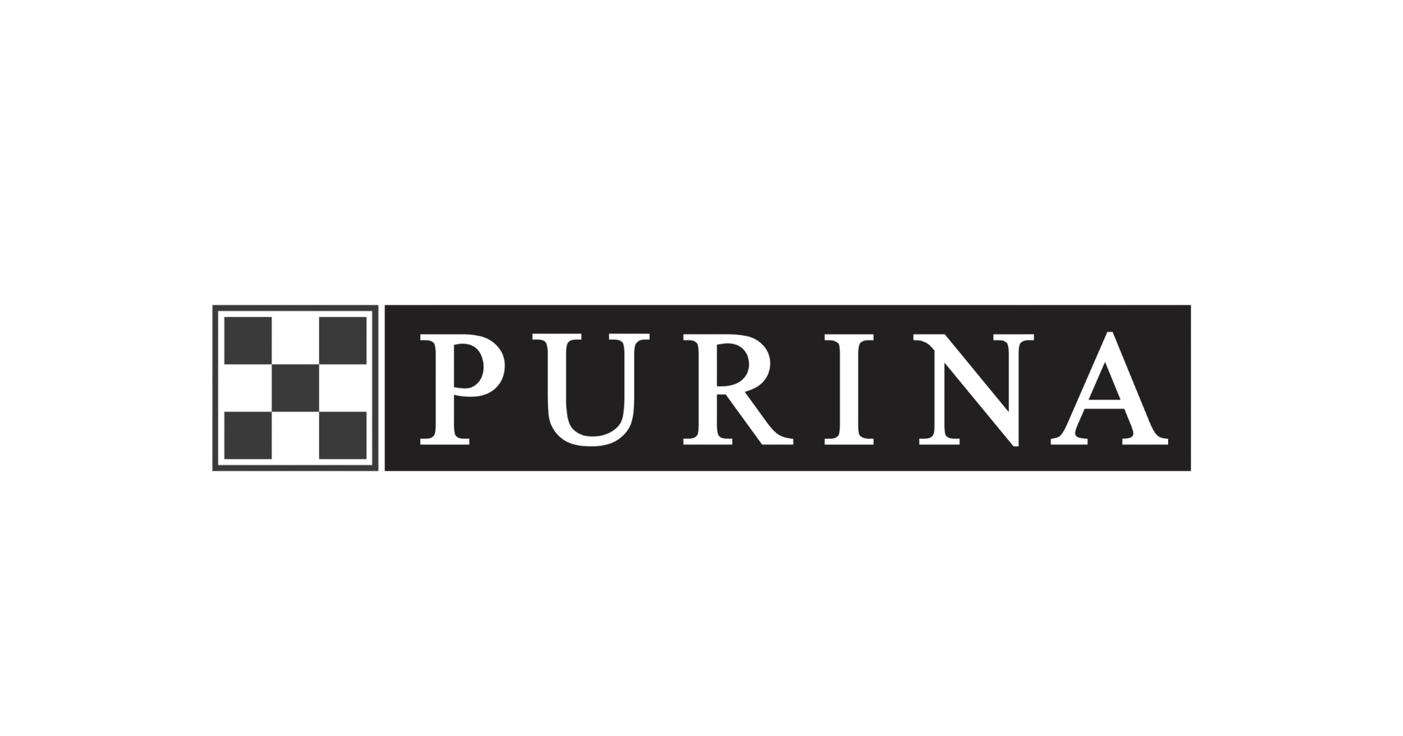 Purina logo with black background, includes a checkered square and the word "PURINA" in bold letters.
