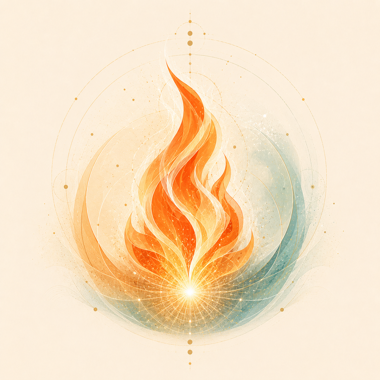 Abstract illustration of a fiery flame with glowing lines and geometric patterns, featuring warm colors like orange, yellow, and white.