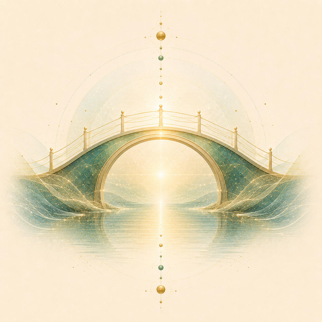 A mystical, glowing bridge arching over a body of water with geometric and cosmic patterns, and a bright light at its center.