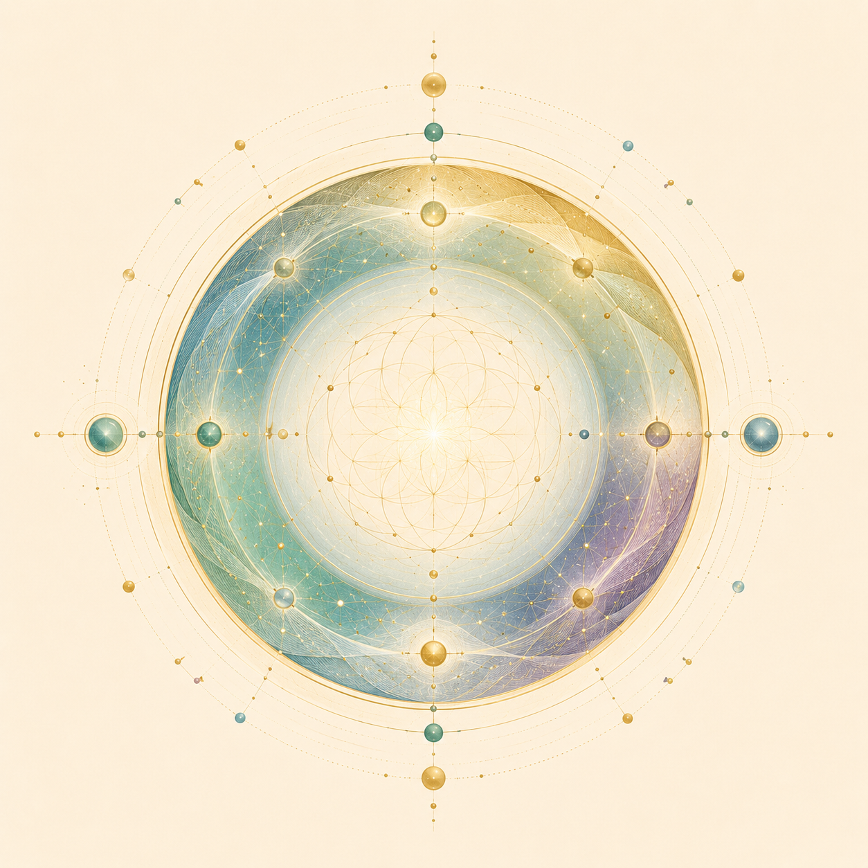 A detailed digital illustration featuring a large central circle with geometric patterns, surrounding smaller circles connected by lines, and intricate star-like designs, depicting a metaphysical or cosmic theme with a gradient color palette of gold, blue, and purple.