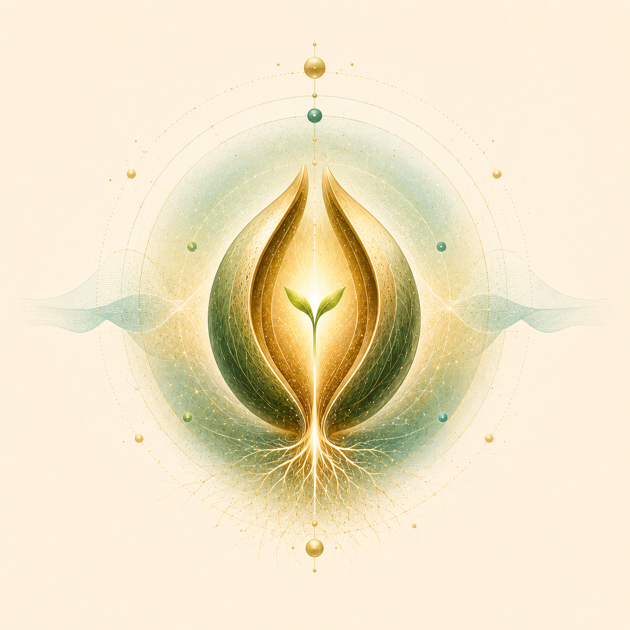 A digital artwork of a seed with a small sprout inside, surrounded by intricate glowing patterns, geometric shapes, and a luminous, energy-filled design, symbolizing growth and renewal.