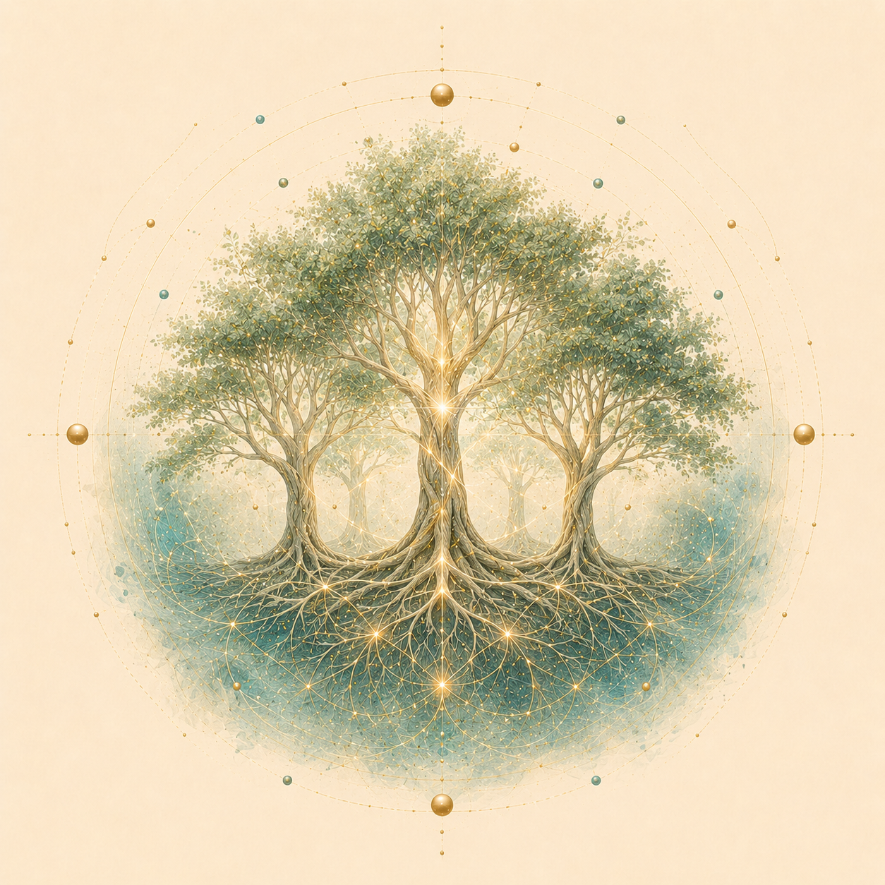 A digitally illustrated tree with glowing roots and branches, surrounded by geometric and celestial elements, representing growth and energy.