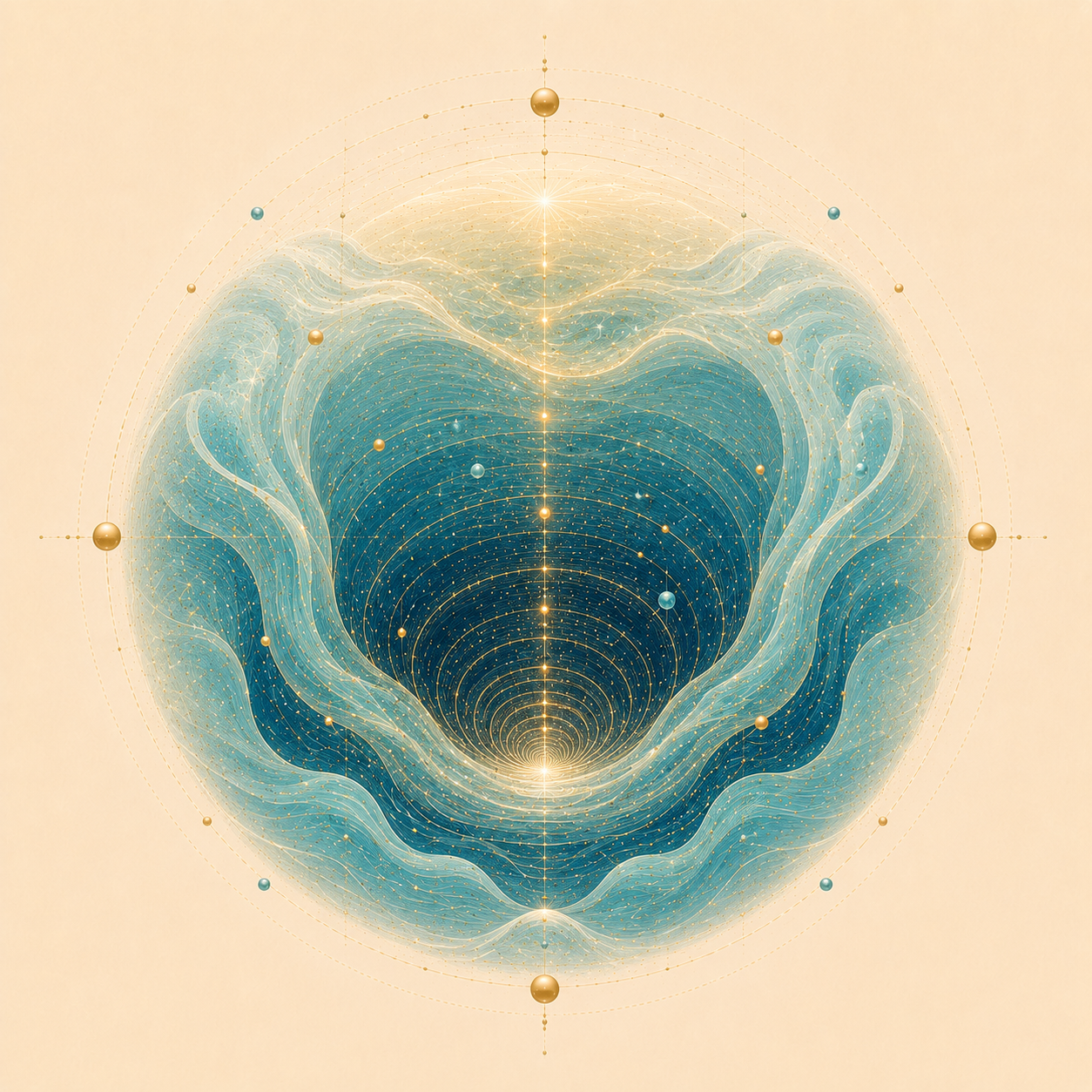 A digital illustration of a black hole with swirling blue and gold accents, surrounded by planetary objects and celestial lines.