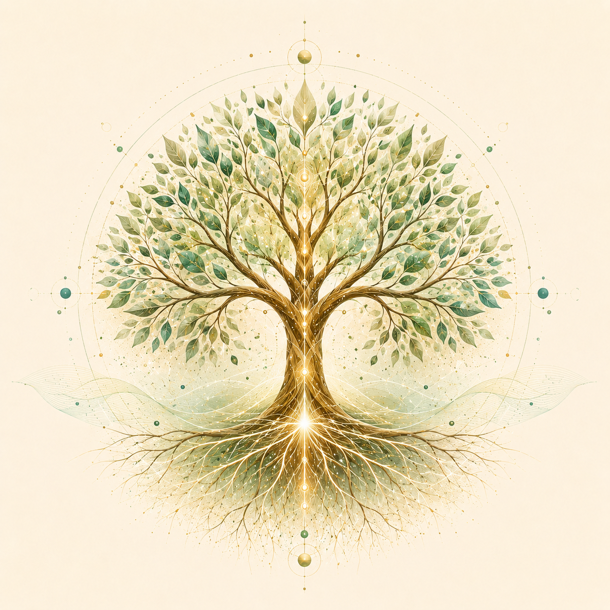 A digital illustration of a tree with glowing roots and branches, surrounded by a celestial, geometric background.