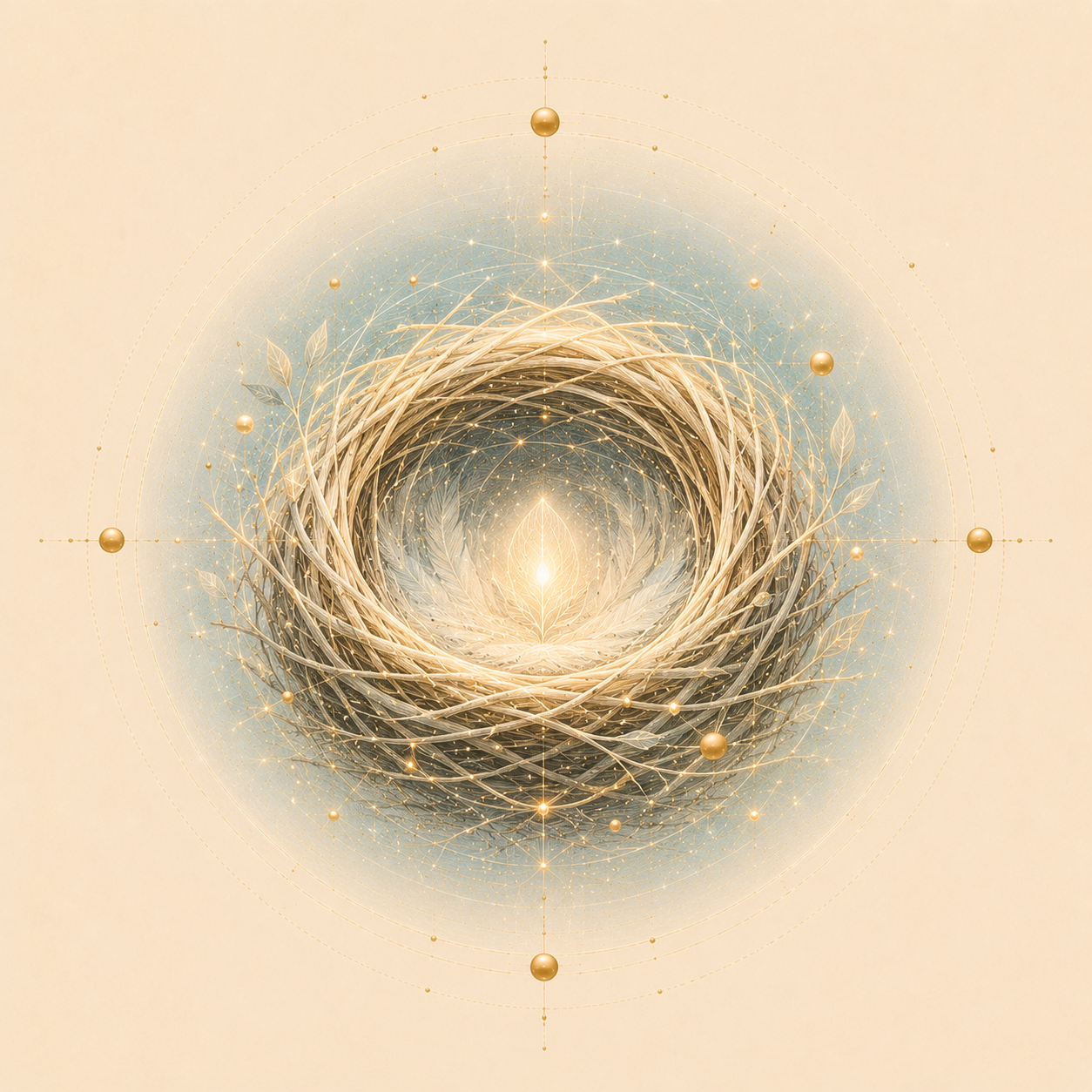 A digital art piece featuring a glowing nest made of intertwined branches with luminous leaves at the center, surrounded by golden orbs and intricate geometric patterns with a soft pastel background.